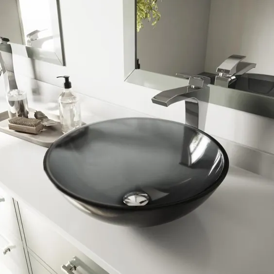 سینک ظرفشویی حمام گرد شیشه ای مشکی کاملاً شفاف VIGO (16.5 اینچ در 16.5 اینچ) |  VG07042
