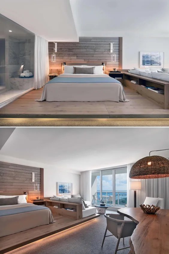 ایده های طراحی اتاق خواب را از این اتاق هتل با سکوی چوبی و مبل توکار دریافت کنید