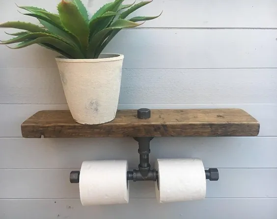 نگهدارنده رول توالت چوبی و استیل |  نگهدارنده رول توالت با قفسه چوبی |  ساخته شده از لوله و اتصالات چوبی و فلزی بازیابی شده