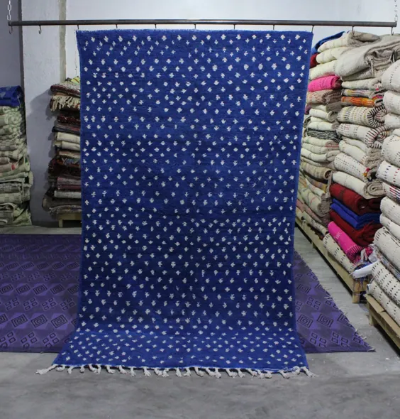 فرش های بزرگ فرش Beni Ourain مراکش آبی - تخته شطرنجی - فرش دستباف خامه ای دستباف