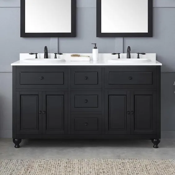 دکوراسیون OVE Kensington 60 in Antique Black Drop-In Double Sink حمام غرور با سنگ مرمر سفید سفید Lowes.com