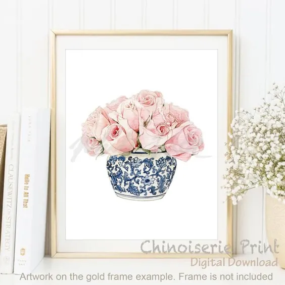 گلدان آبرنگ گل رز Chinoiserie Art شرقی گلدان آبی سفید |  اتسی