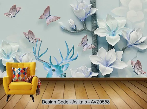Avikalp منحصر به فرد AVZ0558 3D سه بعدی زیبایی برجسته Magnolia Butterfly Deer Head Tv Background Wall Wall HD 3D Wallpaper