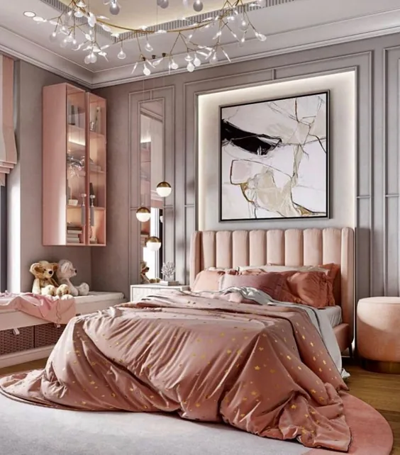 دکوراسیون اتاق خواب صورتی لوکس و زیبا با تخت کانال تافته در مخمل گل رز