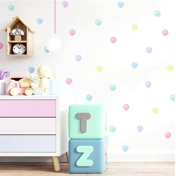 تابلوچسبهای دیواری Pastel Watercolor Polka Dot برای اتاق خواب کودکان ، مهد کودک ، اتاق بازی |  بدون پی وی سی ، بدون بو |  پارچه دیواری لایه بردار و استیک
