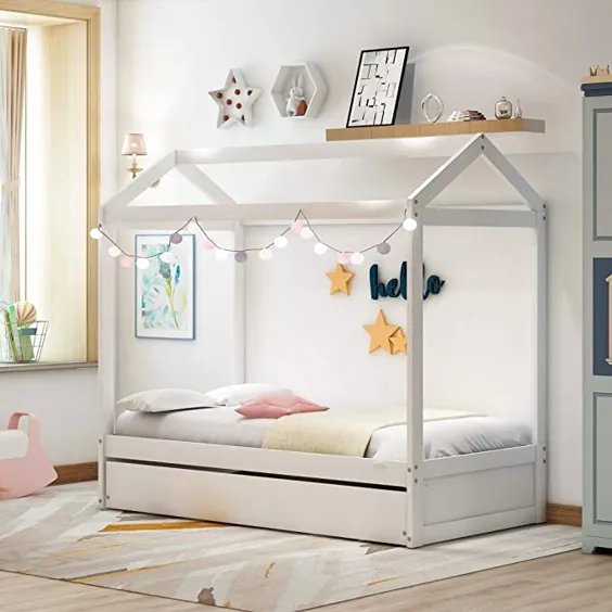 تختخواب دوقلو با قلاب ، تختخواب خانگی با اندازه دوقلو / تخت کودک نو پا / تخت کف کودک ، قابل تزئین ، بدون نیاز به فنر جعبه ، مونتاژ آسان (سفید)
