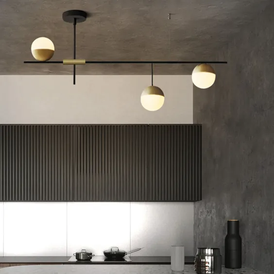 چراغ سقفی خطی مدرن 3 سبک Mid-Century در مشکی و برنجی با گلوله های گلاس برای اتاق غذاخوری رستوران جزیره آشپزخانه