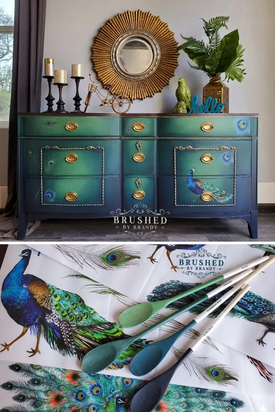 بوفه طاووس!  آبی و سبزها با مبلمان رنگ آمیزی شده برندی ، به رنگ و بوی مخلوط شده اند