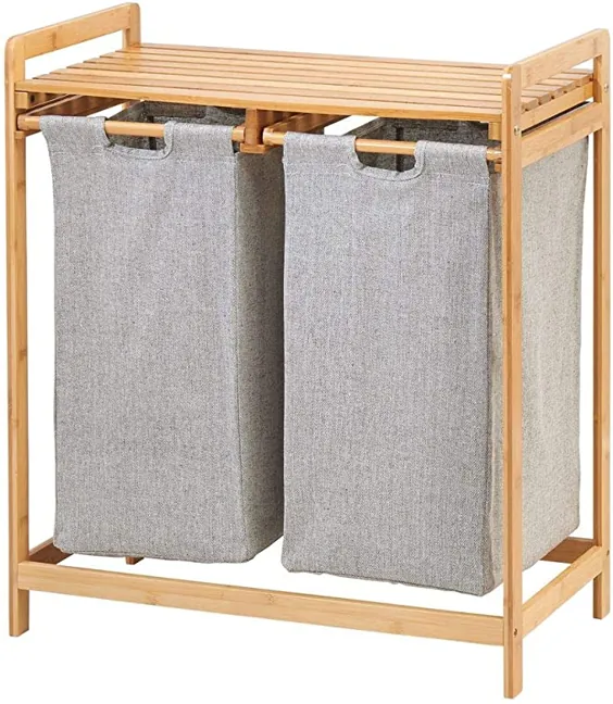 مانع لباسشویی دوتایی چوبی بامبو mDesign - سیستم ذخیره سازی با قفسه بالا برای سازماندهی مواد شوینده ، نرم کننده پارچه مایع ، سفید کننده ، ورق های خشک کن ، مواد پاک کننده لکه - ظرفیت زیاد - پایان طبیعی