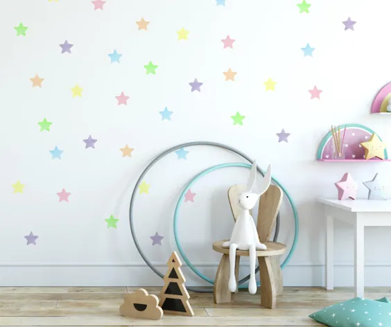 تابلوهای تزئینی دیواری Rainbow Stars ، برچسب های اتاق دخترانه پاستلی ، دکوراسیون اتاق کودک رنگین کمان رنگ ، دکوراسیون اتاق کودک رنگ پاستل