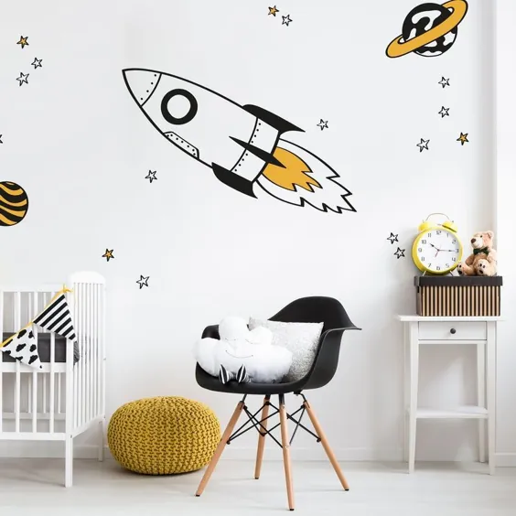 بسته برچسب دیوار موشکی و ستاره ای Orange Space wall |  اتسی