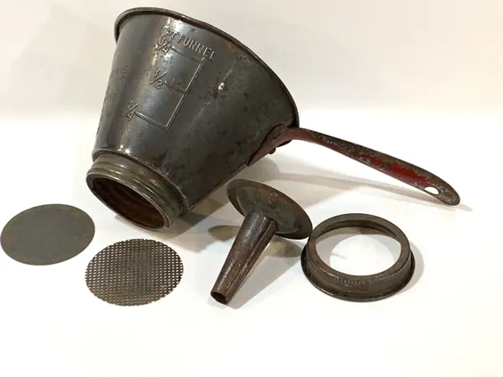 ابزار آشپزخانه پرنعمت ، صافی فلزی 5 در 1 فلزی دسته دسته NESCO ، پرکننده شیشه میوه ، قیف ، لیوان اندازه گیری ، آشپزخانه ، آشپزخانه دهه 1920