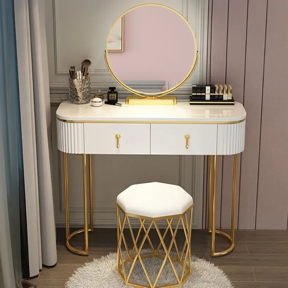 Nordic White Oval Makeup Vanity Gloss Table 2 کشو آینه و چهارپایه قابل چرخش شامل کوچک / بزرگ