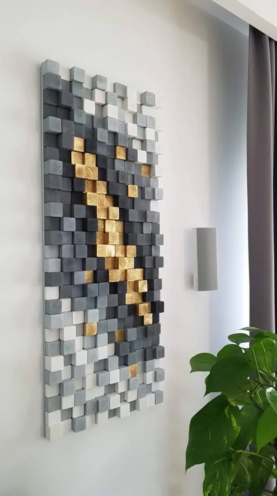 Goldmine 47 x 19Zoll، Holz-Wand-Kunst، 3D-Skulptur، Holzkunst، geometrische Wandkunst، Holzmosaik