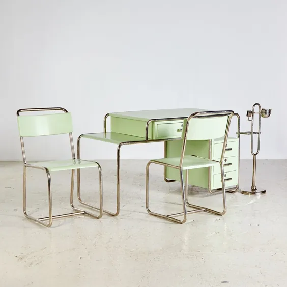 مجموعه اتاق کار سبز به سبک باهاوس از کارخانه مبلمان لوله ای ایده آل ، دهه 1930 |  Vinterior