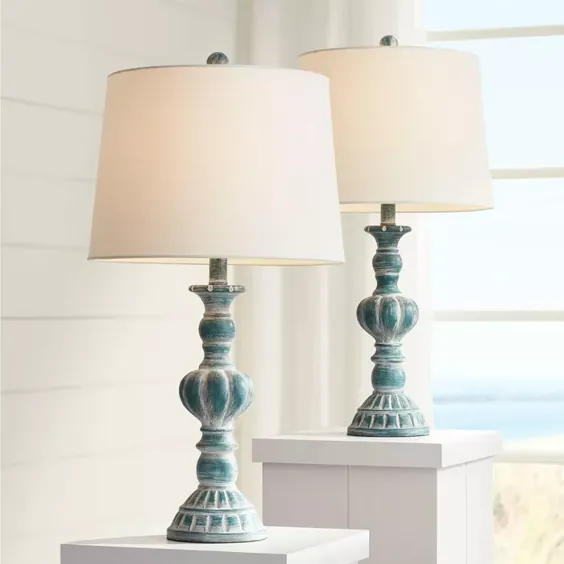 مجموعه چراغ های میز سنتی Regency Hill از 2 سایه طبل مخروطی آبی شسته شده برای اتاق نشیمن اتاق خواب تخت خواب خانواده