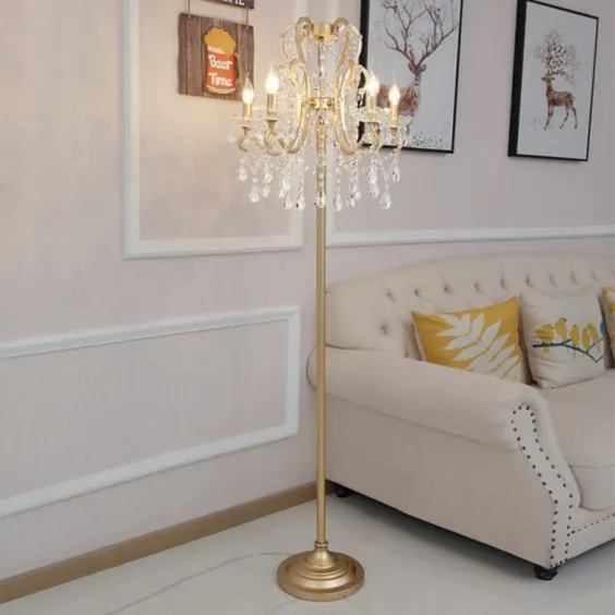 5 لامپ اسکرول قاب طبقه روشنایی سبک کلاسیک طلا فلزی ایستاده چراغ طبقه با رشته کریستال - 110V-120V لامپ های طبقه طلا