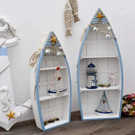 طراحی جاذبه طراحی قفسه های قایق چوبی 2 ، قایق نمایش ایستاده تم ساحلی با 3 قفسه دکوراسیون دریایی پوسته ماهی ماهی ستاره پوسته (مجموعه قفسه قایق 2) - Walmart.com