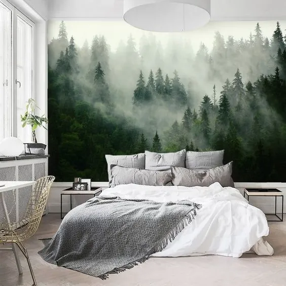 کاغذ دیواری Foggy Forest Mural Landscape Peel and Stick Wall Paper Self Adhesive Accent Wall Tradition