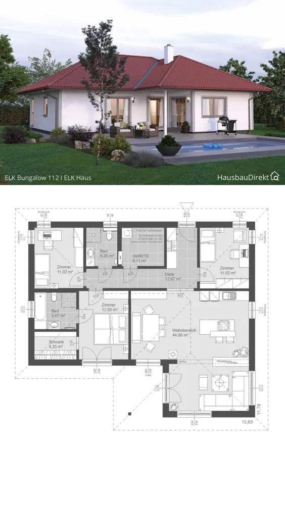 Bungalow Haus modern weiss mit Walmdach & Putz Fassade bauen، Fertighaus Winkelbungalow Grundriss