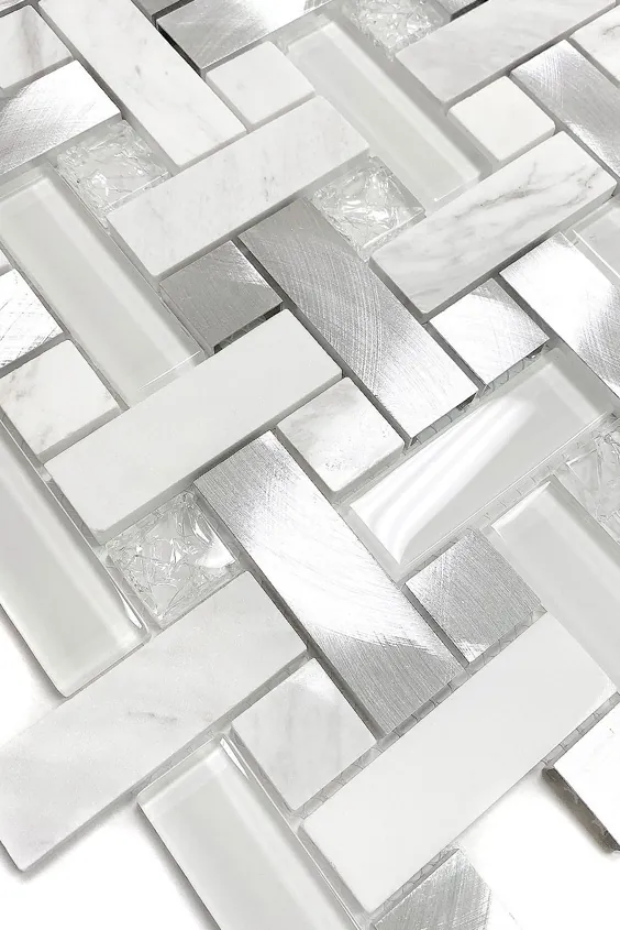 5+ کاشی سفید (شیشه ای و فلزی) Backsplash (پیشخوان گرانیت Luna Pearl)