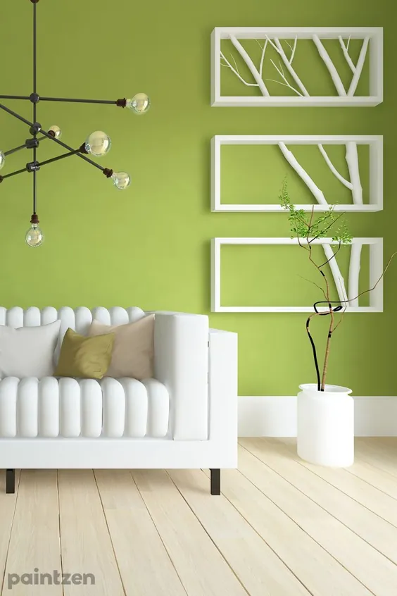 دیوارهای اتاق نشیمن سبز بهاری روشن با سفید و چوب جفت می شوند