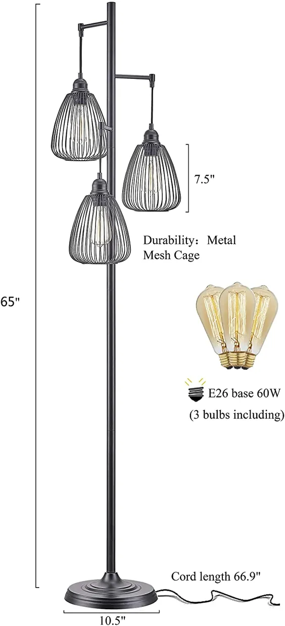 چراغ طبقه صنعتی LeeZM مشکی برای اتاق نشیمن نورپردازی طبقه مدرن روستایی بلند ایستاده چراغ طبقه چراغ های طبقه دار درختی برای اتاق خواب ، چراغ ایستاده چراغ ایستاده 3 لامپ