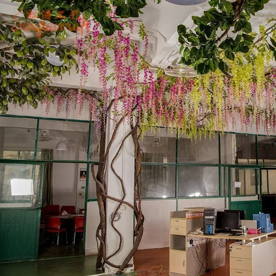 مصنوعی بنفش ویستریا تاک ابریشم گل درخت ستون بسته درخت بزرگ برای دکوراسیون دفتر