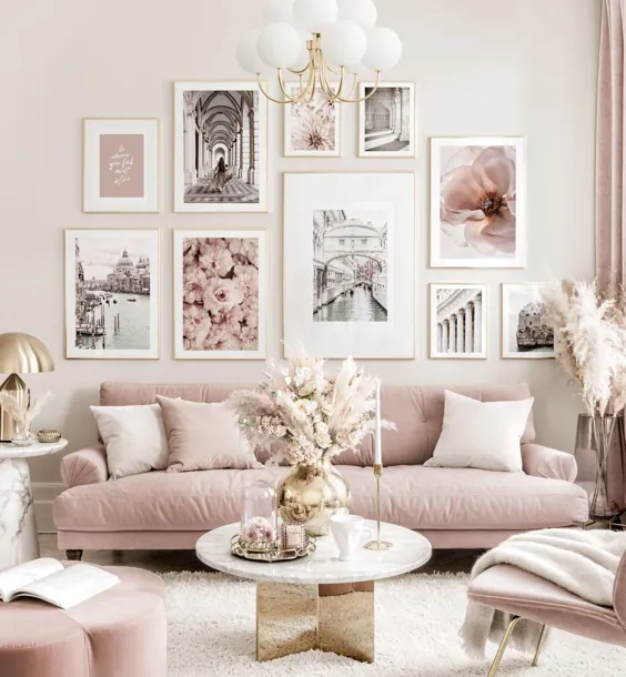 Elegante rosa Bilderwand و Sommerposter Blumenbilder Goldrahmen