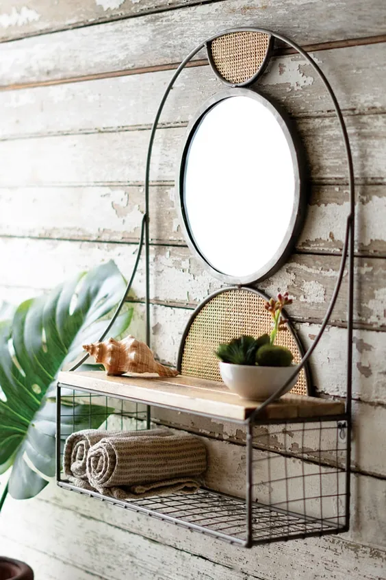 آینه دیواری فلزی با قفسه چوبی بازیافت شده و جزئیات چوب خیزران توسط کالالو
