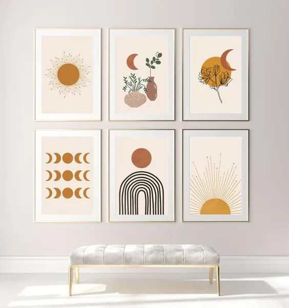 مجموعه ای از 6 چاپ Boho ، مجموعه دیواری گالری ، قابل چاپ خورشید ، فازهای ماه ، نقاشی انتزاعی گل ، پوستر Line Line ، Mid Modern Century Digital