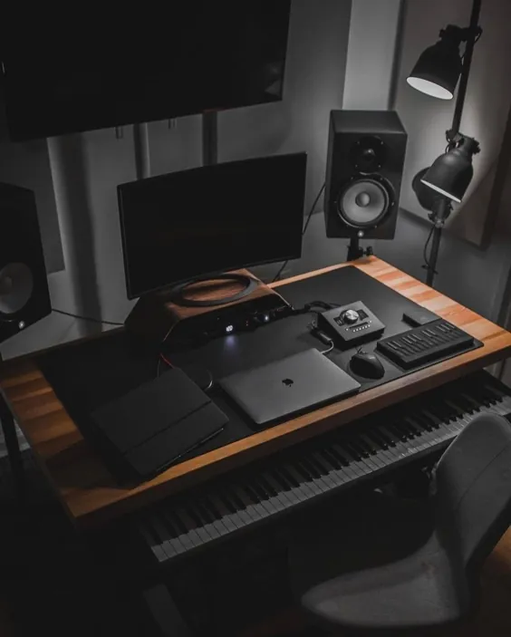 Moody and Dark Aesthetic Desk Desktop with Walnut - Music Studio
