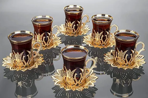 ست چای ترکی لوکس با نعلبکی برای 6 نفر ، طرح گل گل لاله نقره ای طلایی 12 قطعه ست عینک چای فانتزی ، ست جام لیوان چای عروسی عالی زنانه ، مردانه ، خانه جدید و بزرگسالان