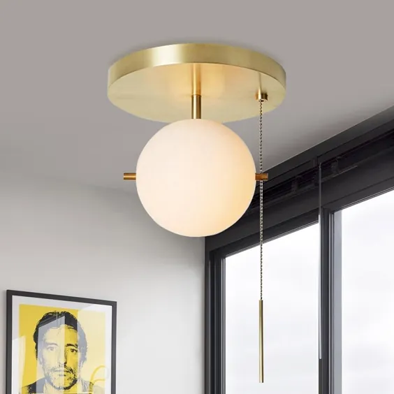 Gidu Mid-Century Pull Chain Light Globe Glass Shade Semi Flush Mount Metal in Gold