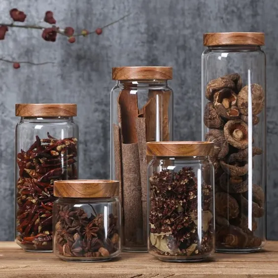 شیشه های شیشه ای ذخیره سازی مواد غذایی بسته بندی شده با درب بامبو برای نگهداری قهوه ها برگ های چای غلات لوبیا ادویه جات ادویه جات گیاهان و غیره