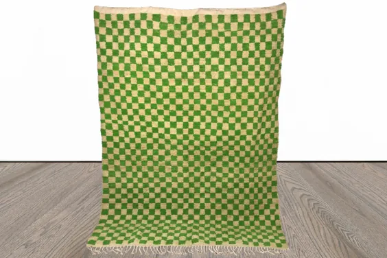 فرش شطرنجی سبز روشن فرش چهارخانه بربری مراکشی |  اتسی