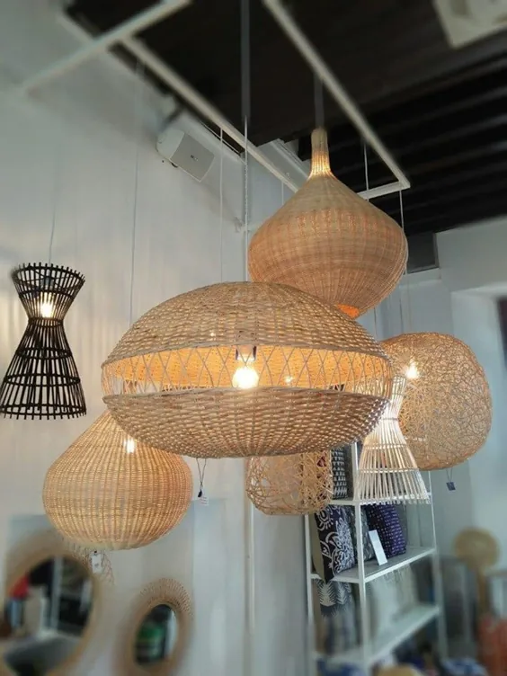 لامپ آویز بافته شده از چوب خیزران بزرگ بامبو لامپ آویز بامبو |  اتسی