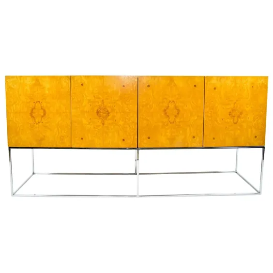 Milo Baughman Burl Wood Credenza با پایه Chrome