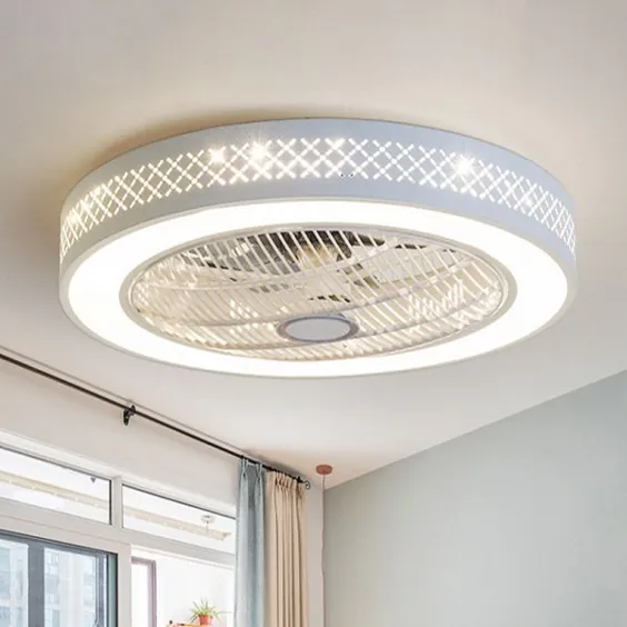 چراغ پنکه سقفی سفید فلزی 21.5 "W LED گرد نور چراغ نصب شده ساده برای اتاق نشیمن ، پنکه سقفی با چراغ