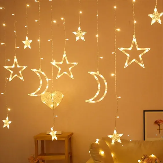 چراغ پرده ای LED با ستاره های ماه 8 حالت روشنایی چراغ های رشته ای چشمک زن چراغ های دکوراسیون منزل برای پس زمینه دیوار اتاق خواب جشنواره