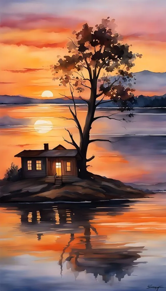 نقاشی زیبای غروب کنار دریاچه