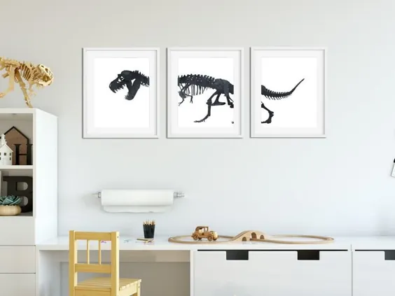 Black Dinosaur Skeleton Wall Art Set چاپی برای 3 چاپ ، بارگیری دیجیتال ، دکوراسیون اتاق پسران قابل چاپ