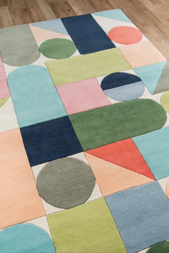 فرش هندسی دست ساز ساخته شده از پشم آبی / سبز / نارنجی