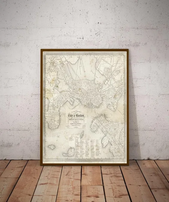 Boston Map 1850 نقشه عتیقه Boston Massachusetts Vintage |  اتسی