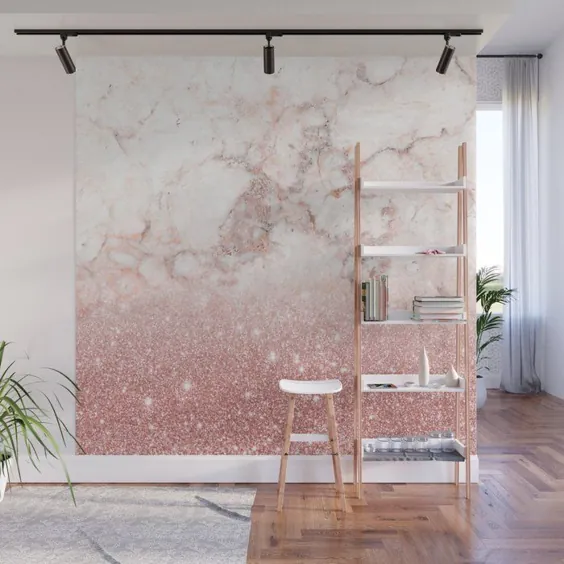Eaux Faux Rose Gold Glitter White Marble Ombre Wall Mural توسط staypositivedesign