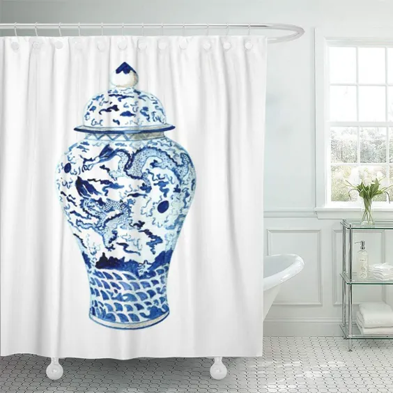 شیشه زنجبیل SUTTOM Blue Annechovie No Anne Harwell White Chinoiserie دوش پرده 60x72 اینچ - Walmart.com