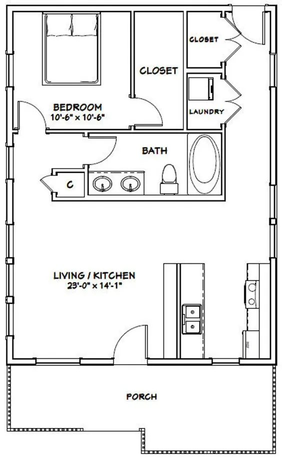 خانه 24x32 - 1 اتاق خواب 1 حمام - 768 فوت مربع - PDF Floor Plan - بارگیری فوری - مدل 1D