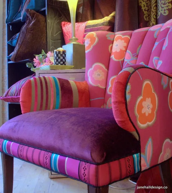 1930's ، Upcycled ، Upholstered ، Vintage Arm Chair ، Repurposed ، In Exclusive Magenta and Turquoise Designers Guild Fabric، By Jane Hall Design