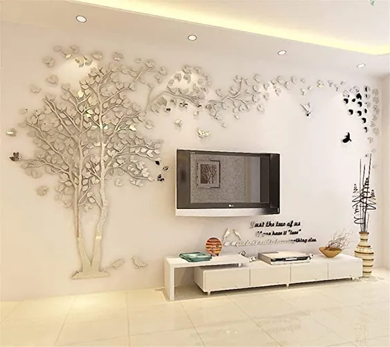 تابلوچسبهای دیواری 3D Tree - برگردانهای دیواری درختان و پرندگان DIY تابلوچسبهای خانوادگی زن و شوهر درخت دیواری های دیواری برای مهد کودک اتاق نشیمن اتاق خواب اتاق تلویزیون پس زمینه دکوراسیون منزل (سمت چپ نقره ای ، M-79X39in)