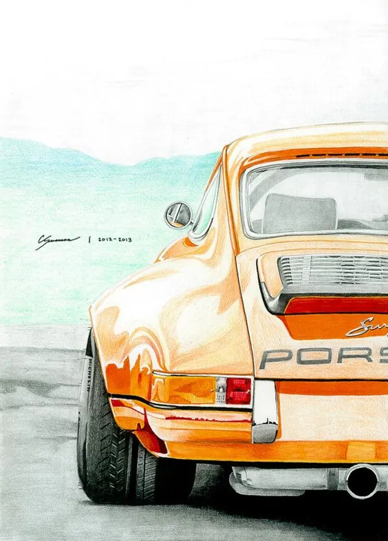 نقاشی از عقب یک ماشین ورزشی نارنجی